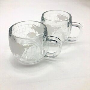 Vtg 70s NESTLE Nescafe World Globe Map Mug Set of 2 Etched Heavy Glass